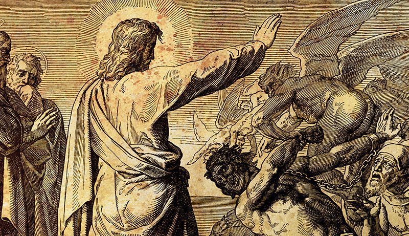 Jesus restores possesed man, graphic collage from engraving of Nazareene School, published in The Holy Bible, St.Vojtech Publishing, Trnava, Slovakia, 1937.